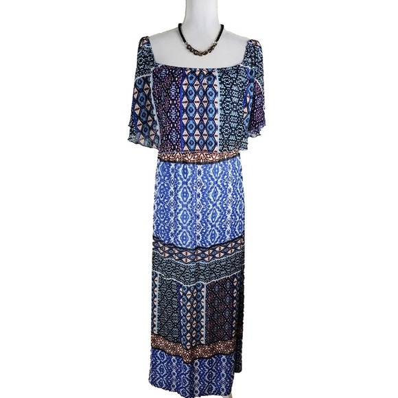 Chico's ~Size 0 (S)~ Blue Multi Maxi Pleasant Dress Off-shoulders NWT $139.00 - Picture 1 of 12